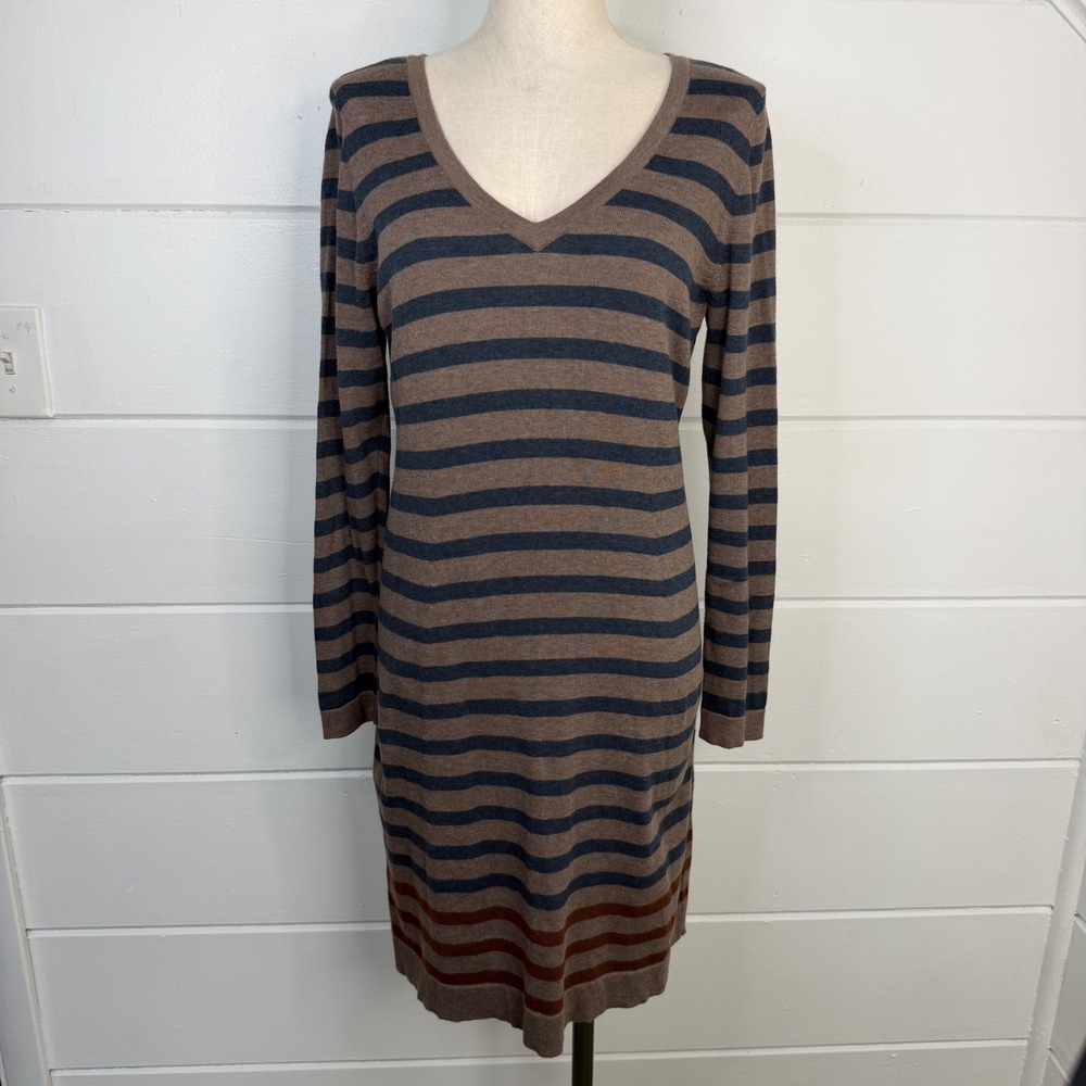 Peruvian Connection Dress Large 100% Pima Cotton Brown Gray Striped V Neck L